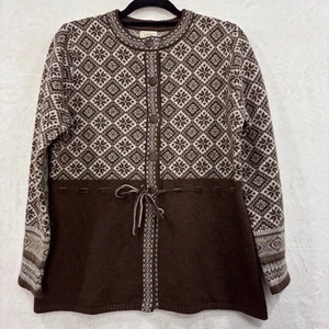 LL Bean Lambswool Cardigan Pullover Nordic Fair Isle Damen M Samt Bindegürtel - Bild 1 von 11