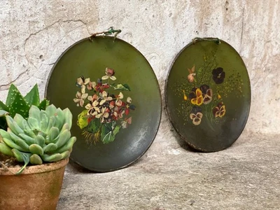 Pair of Floral Hand Painted Victorian Tin Metal Plates - Image 1 of 4