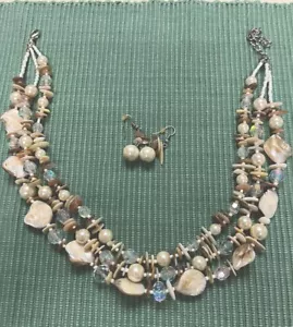 Premier Designs Faux Pearl, Bead, and Sea Shell Necklace and Dangle Earring Set - Picture 1 of 8