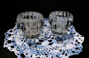 3 Footed Taper Candle Holders - Votive Cup Set of 2 Matching - Clear Glass Hefty - Picture 1 of 6