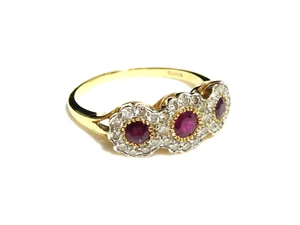 KSG 18ct Gold Hallmarked 3 Red Rubies & Clear Diamond Halo Cluster RING - UK S - Picture 1 of 12