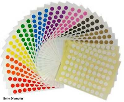 2,100 Sticky Coloured 8mm Labels Dots Circles Self Adhesive [Ten Colours]
