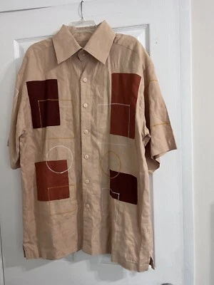 Prestige Mens XL Multi-color Short Sleeve 100% Linen Dress Patch Shirt Scarecrow - Image 1 of 4
