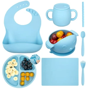 Sangdo Silicone Baby Feeding Set 7 Piece Baby Led Set,Plate,Baby Spoon Fork,Blue - Picture 1 of 24