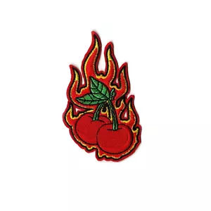 Flaming Red Cherries Fruit Theme Embroidered Iron On Patch DIY Applique - Picture 1 of 2
