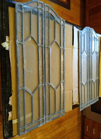 Two Pairs Real Antique Leaded Glass Arched Top Windows 28" x 6.75" Each Panel Cover