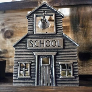Teacher Gift JJ Jonette Brooch Vintage Pewter Schoolhouse Bell Pin 1980s Whimsy - Picture 1 of 8