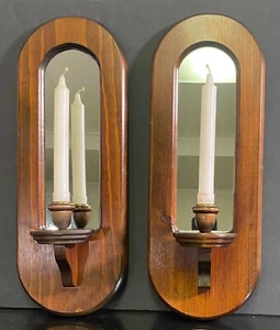 Applique portacandele da parete specchio legno massello vintage ovale 19" x 7" set coppia MCM - Foto 1 di 11