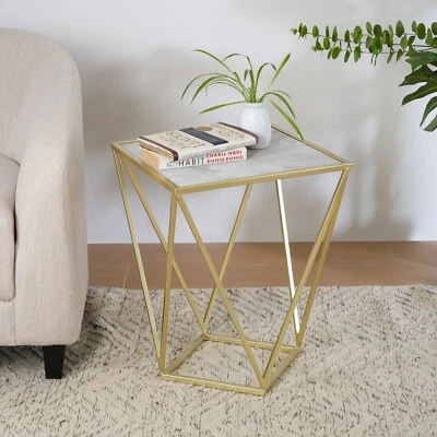 Modern White Glass Side Table with Gold Metal Frame Coffee Table - Image 1 of 4
