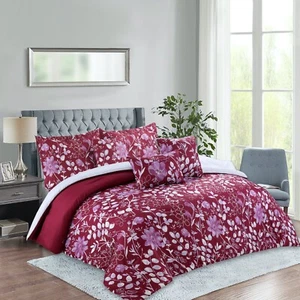 Rainbow Collection Luxury 7-Piece Red Floral Comforter Set - Cal King - Picture 1 of 5