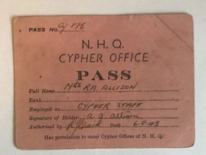 N H Q Cypher Office Pass 1943 Mrs R A Allison - Picture 1 of 2
