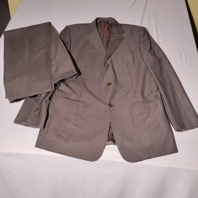 Jhane Barnes 2 PIece Suit Mens Sz 44 34x32 Brown Mauve Stripe  Italy - Imperfect - Image 1 of 4