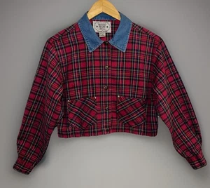 Vintage Quizz rot kariertes bauchfreies Oberteil Hemd blau Jeanskragen Knopfleiste Baumwolle Gr. M - Bild 1 von 14