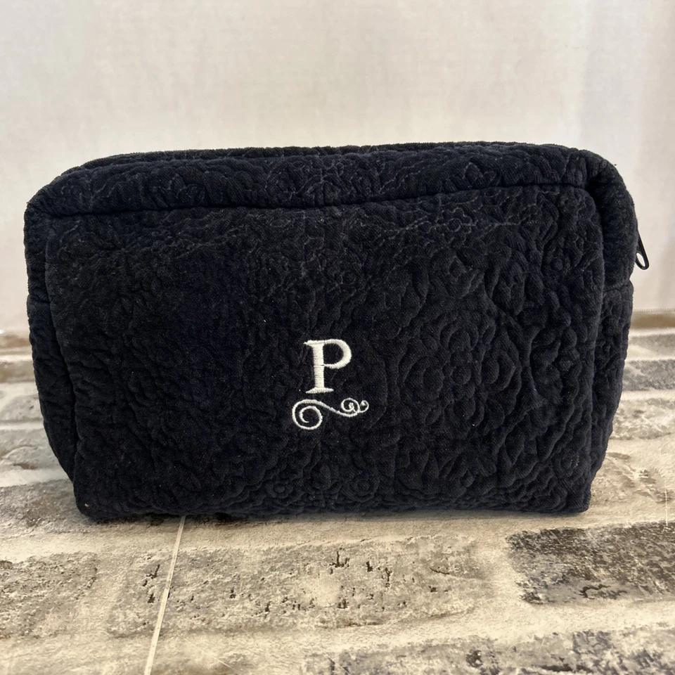 Pottery Barn средний косметический макияж сумка темно-синий стеганый бархат с монограммой "P" - Изображение 1 из 4