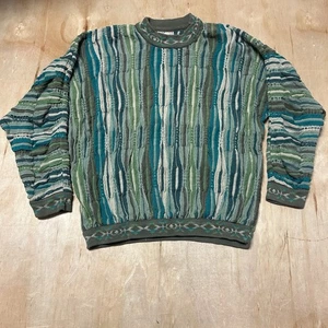 90s Vtg COOGI Australia Blue Green-BIGGIE Cosby sweater EUC FIRE L VAPORWAVE - Picture 1 of 13