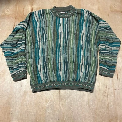 90s Vtg COOGI Australia Blue Green-BIGGIE Cosby sweater EUC FIRE L VAPORWAVE - Image 1 of 4