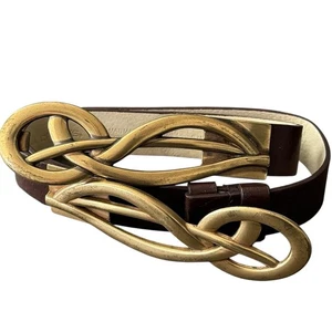 Cinturón de cuero marrón Chico's latón llamativo hebilla abstracta cincha S/M para mujer - Imagen 1 de 23
