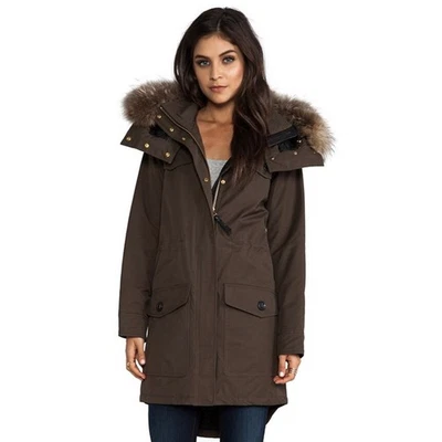 Abrigo Chaqueta Mackage Cassandra Peach Lux Largo Con Capucha Borde de Piel Verde Musgo XS Foto 1 de 4