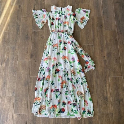 Calvin Klein 8 Maxi Dress White Colorful Floral Cold Shoulder Chiffon Flowy EUC - Image 1 of 4