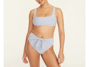 J. nuova con etichetta Set bikini donna Crew blu righe Seersucker vita alta cravatta slip L - Foto 1 di 9
