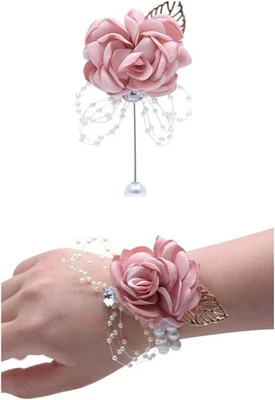 Rose Wedding Wrist Corsage and Boutonniere Set Party Prom Hand Champagne Pink  - Image 1 of 4