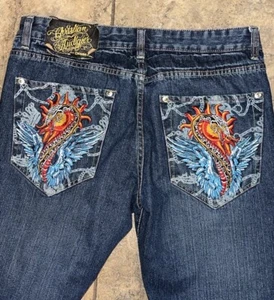 Christian Audigier Embroidered Y2K Vtg Dragon Serpent Embellished 36x32 Jeans - Picture 1 of 15