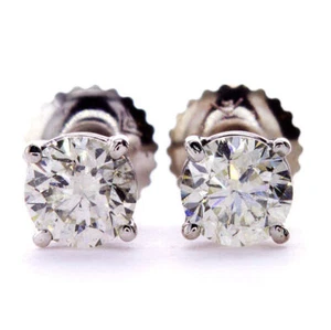 Aretes solitarios con pasador de diamantes corte redondo real de oro blanco de 14 quilates tratados 0,97 TCW - Imagen 1 de 8