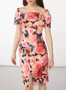 Dorothy Perkins Petite Coral Floral Bardot Dress Sizes 6 & 8 - Picture 1 of 11