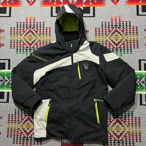Spyder Boy’s Ski Winter Jacket Size 20 Black Green Full Zip Insulated Hooded C6 - Picture 1 of 15
