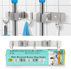 Mop Broom Holder Wall Mounted Heavy Duty Clips & Hangers Storage Rack 2 Hooks - Picture 1 of 8