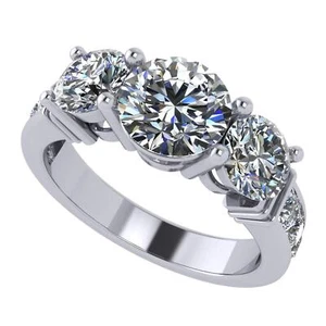 Platinum Plated Silver Straight Bar (Reg) Shank CZ 3 Stone Ring 2.50 CTW Size 8 - Picture 1 of 6