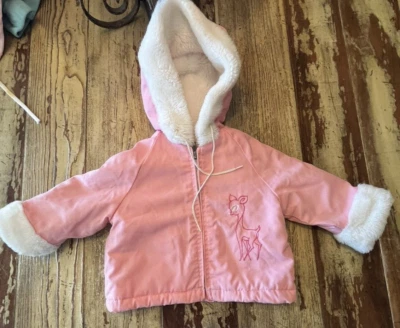 Vintage Girls Pink White Fur lined Hooded Coat with Deer Embroidery - Image 1 of 4