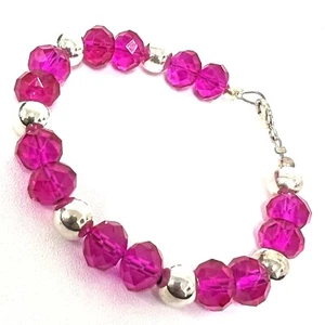 Bracelet With 925 Pure Silver Balls Withe Synthetic Fucsia Diamond Cut Beads - Picture 1 of 2