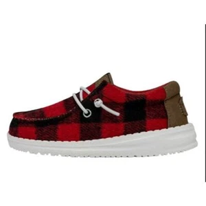 Hey Dude Wally Boys Shoes Size 1 Red Buffalo Plaid Comfy Elastic Laces NEW - Picture 1 of 10