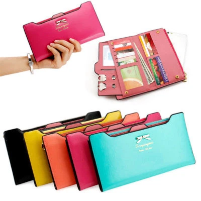 Women Cute Bow Long Leather Thin Wallet Purse Multi ID Credit Card Holder Gift - Image 1 of 4