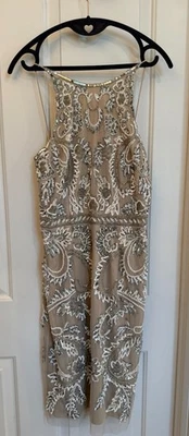 Adrianna Papell Beaded Cocktail Dress – Size 6 – Nude Mesh Silver Sequin Formal - Image 1 of 4