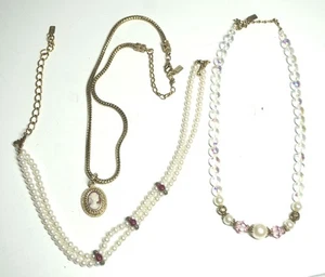 3 VTG 1928 Necklaces-Pink & Iridescent Crystals- Sim Pearls- Cameo- Enamel Roses - Picture 1 of 7