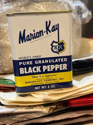 Vintage Marion Kay Spice Tin - Black Pepper Brownstone Illinois Advertising 6oz - Image 1 of 4