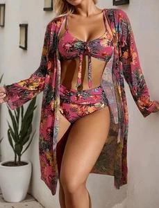 Tropisches Blumenmuster 3-teiliges Bikini Set mit High-Waist und Strandkimono,XL - Bild 1 von 6