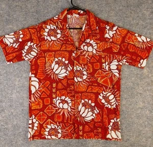 Vintage Go Barefoot In Paradise Hawaiian Shirt Floral Orange Reds Mens L 21.5x29 - Picture 1 of 13