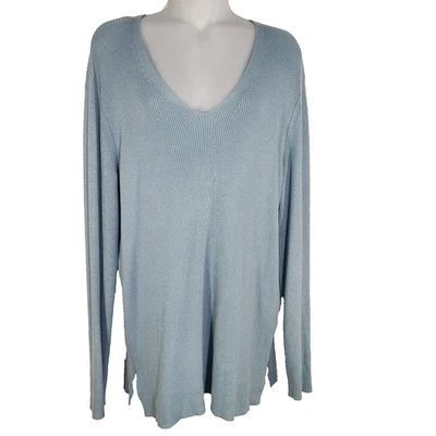 Suéter para mujer Coldwater Creek azul medio cuello en V mangas largas tejido acanalado Foto 1 de 4