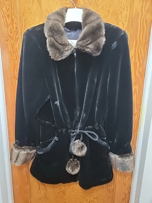 Abrigo Oleg Cassini Mujer M Negro Imitación Piel Borde Marrón EE. UU. De Colección Dinero Antiguo Elegante Foto 1 de 4