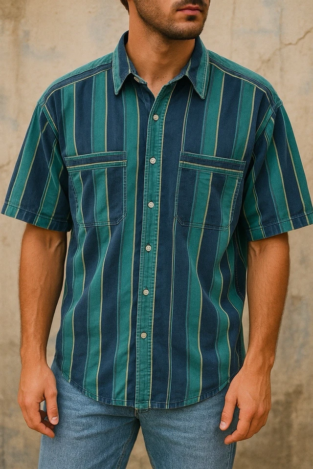 Camisa Gitano Años 90 Rayas Para Hombre M Verde Azulado Azul Marino Rayas Verticales Abotonada De Colección Foto 1 de 4