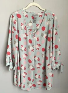 Catherines Floral Print Multicolor V Neck Top Plus Size 14-16W - Picture 1 of 8