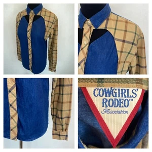Cowgirls Rodeo Assn Shirt Vintage with Cutouts Blue Beige Plaid Western S1 - Picture 1 of 6