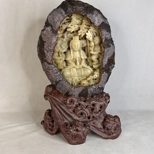 Einzigartige Guan Yin Bodisattva Speckstein Geode Ozeanszene Welle asiatische Schnitzerei Glück - Bild 1 von 24