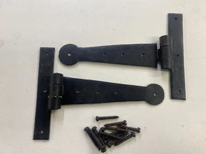 Penny End Tee Hinge 6" T x 1 Pair Vintage Retro Look Hand Forged Strap Waxed - Picture 1 of 24