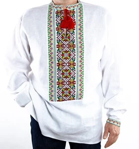 VYSHYVANKA Mens Ukrainian hand Embroidered White Yellow Red Green shirt size L - Picture 1 of 10