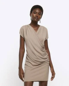 River Island Womens Bodycon Mini Dress Brown Drape Wrap Short Sleeve V-Neck - Picture 1 of 8