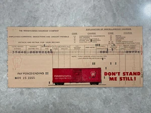 VINTAGE~1955~PENNSYLVANIA RAILROAD~PAY STUB~IBM CARD~With Picture Of RAIL CAR - Picture 1 of 5